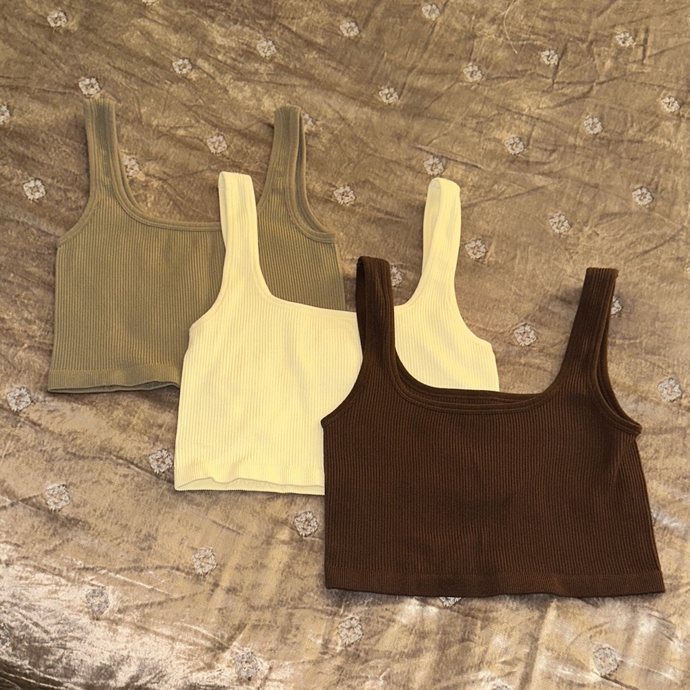Ribbed Cropped Tank Top Trio - Brown, Cream, Tan